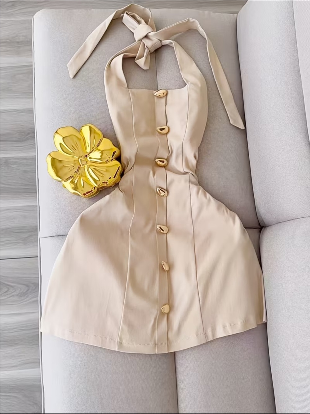 Halter Mini Dress in Beige with Decorative Buttons